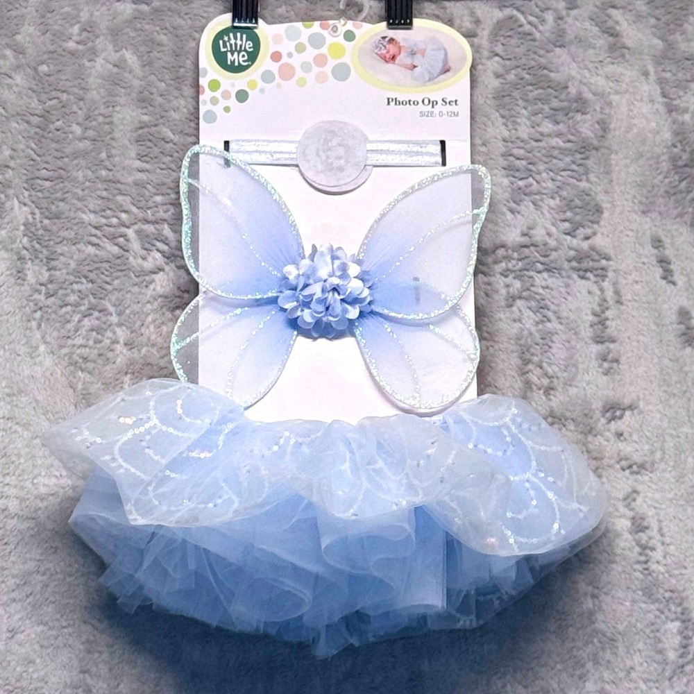 Little Me Baby Girls Fairy Photo Op Set Blue Sequin Tutu Wings Headband 0-12M
